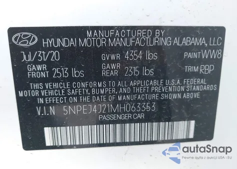 2021 Hyundai Sonata Sel Plus z USA, uszkodzony, nr VIN 5NPEJ4J21MH063353